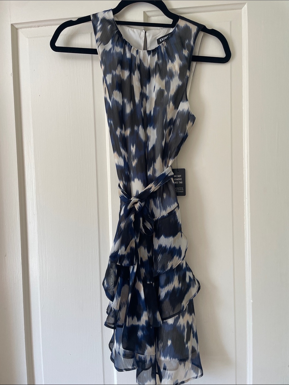 Express Navy and White Sleeveless Printed Midi Dress with Ruffle Tie
